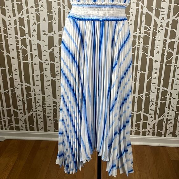 Nine West blue white accordion pleated shark bite hem high neck midi dress NEW - Picture 3 of 16